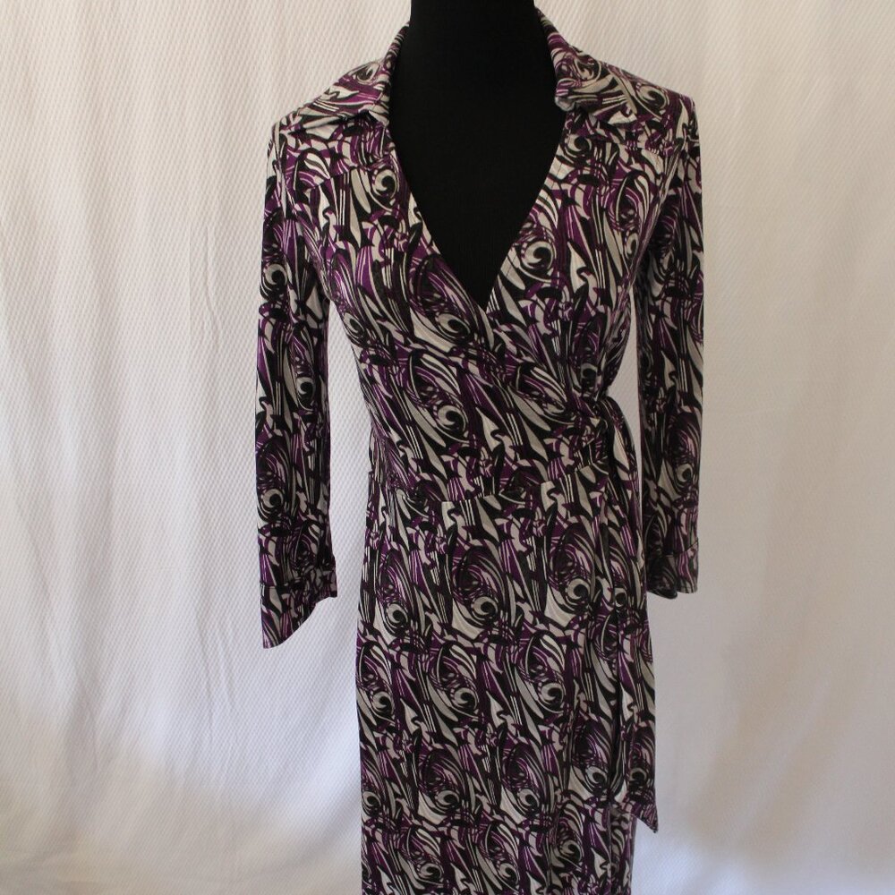 NINE WEST Dress Abstract Geo Faux Wrap Collared Midi Retro S Small Pre-Loved